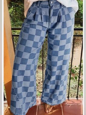 NWOT-Checker Pattern Wide-Leg Women’s Jeans - Blue